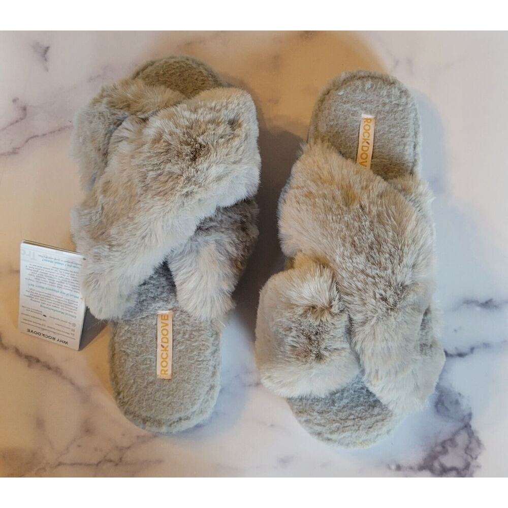 Rockdove Slippers Womens 9/10 Gray Faux‎ Fur Plush Slip On Cozy Memory Foam NWT